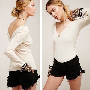 Free People Last Dance Lace Cuff Thermal Top in Ivory / Black